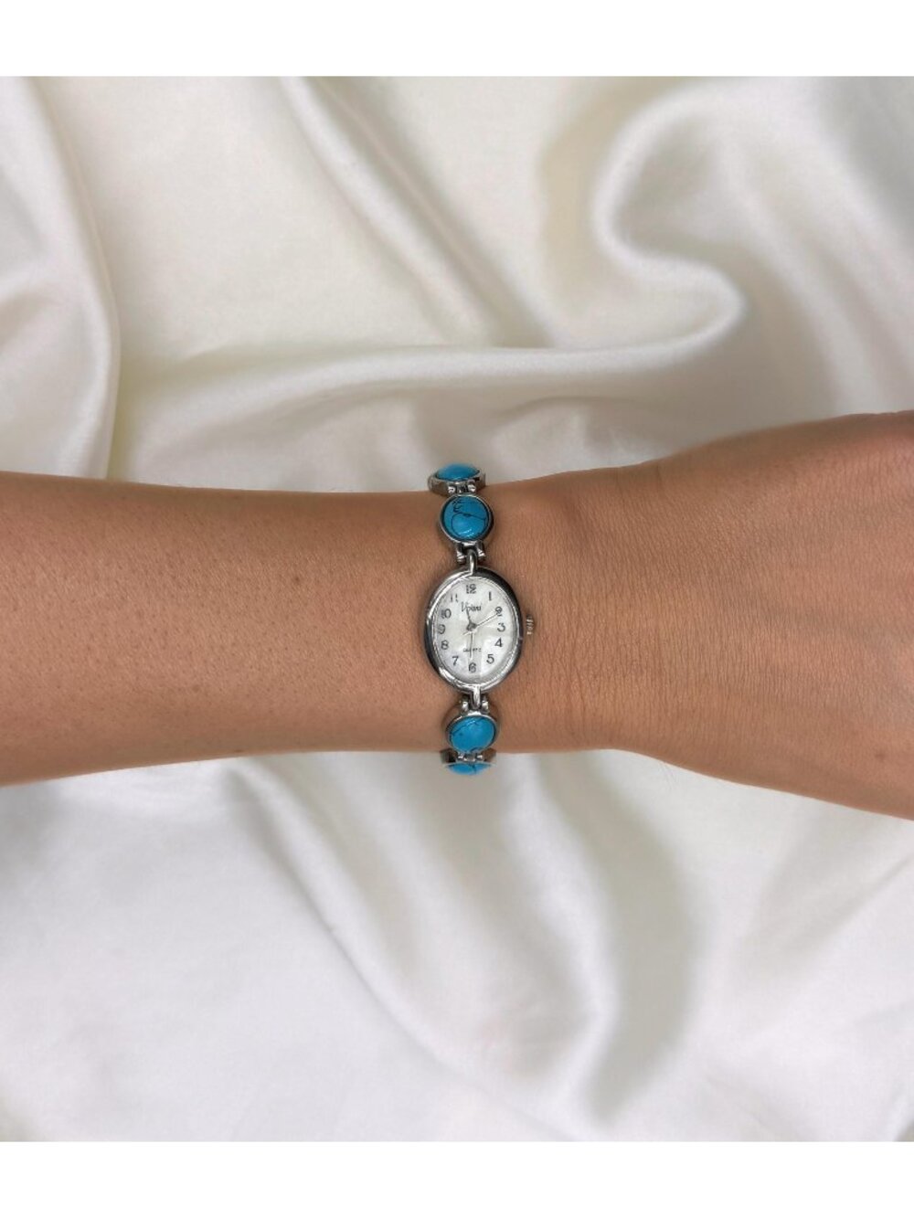 Vintage Faux Turquoise Watch Western Cowgirl Bracelet Watch Silver Tone